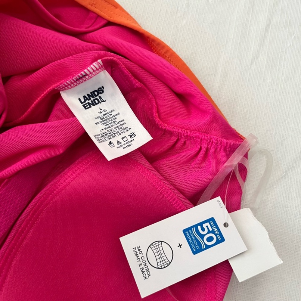 Lands End Orange & Magenta Pink One Shoulder Swimsuit - Picture 2 of 7